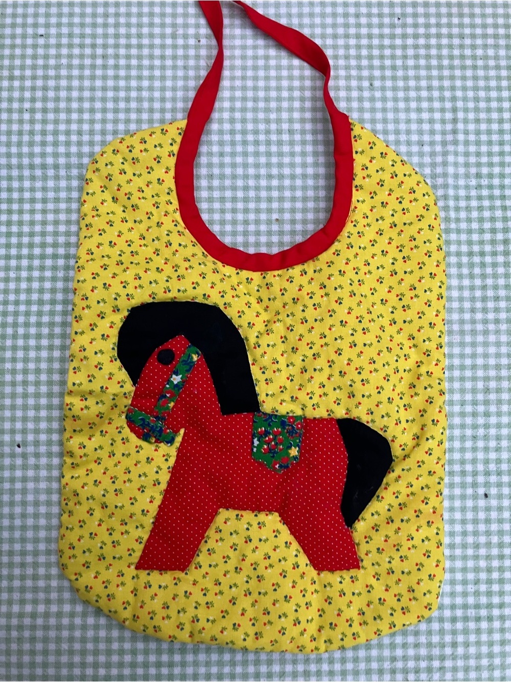 Vintage 1980’s applique quilted handmade bib rocking horse signed